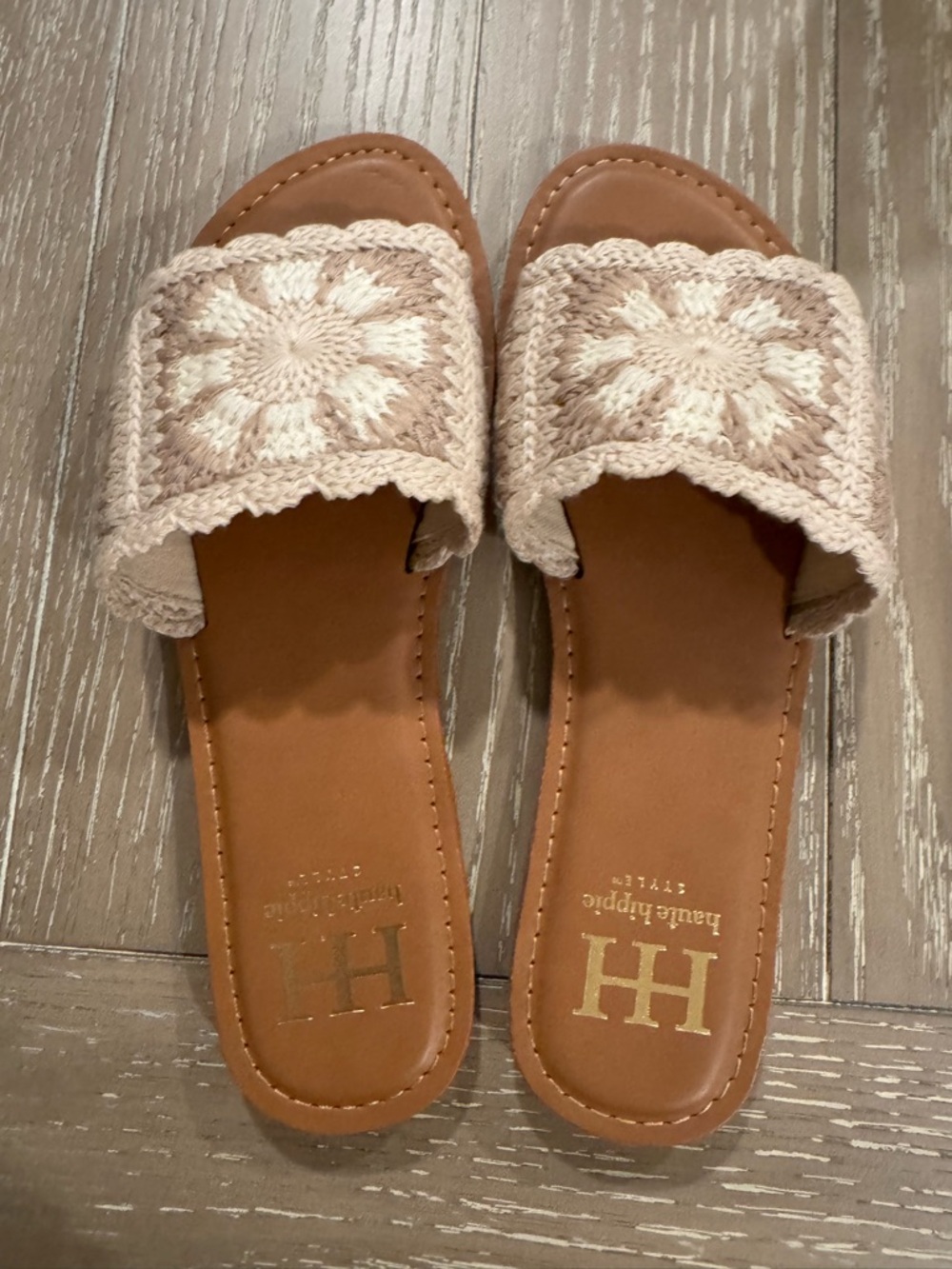 Haute Hippie Beige Crochet Slide Sandals with Tan Footbed